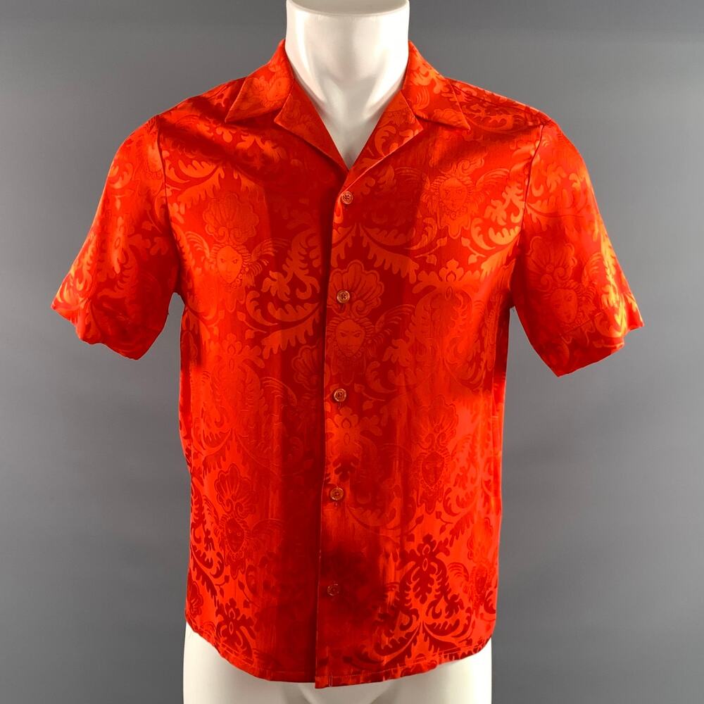 VERSACE Size S Red Baroque Silk Short Sleeve Shirt